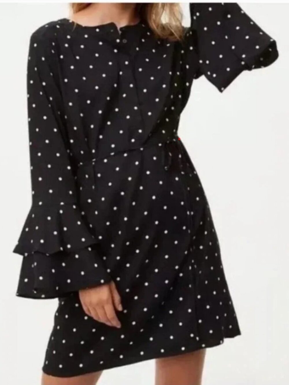 LOFT Black & White Polka Dot Dress with Bell Sleeves | Size Medium